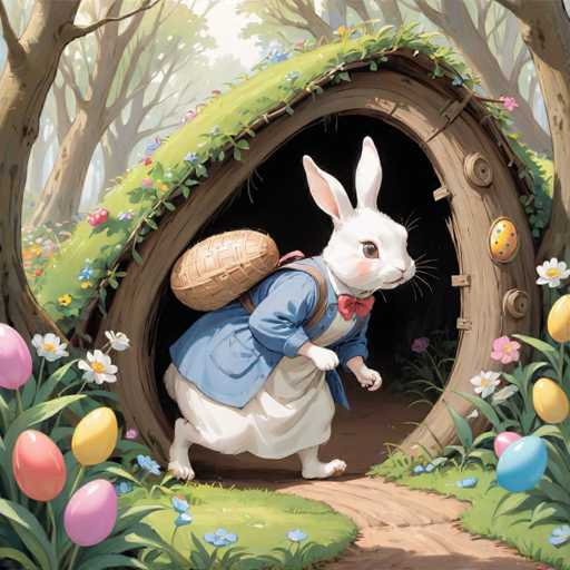 A white rabbit with brown ears and a blue coat is walking down a path through a forest of green trees and colorful flowers. The rabbit has a basket on its back and is wearing a blue dress and a bow tie.
