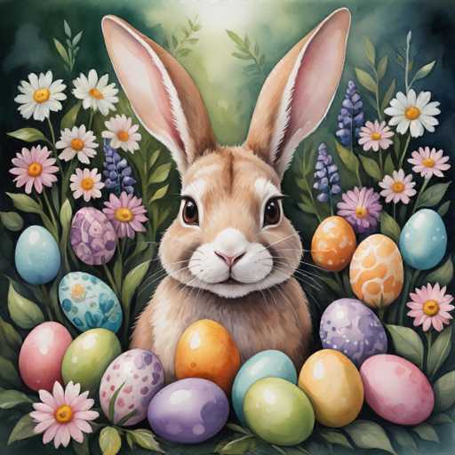 The image depicts an Easter bunny sitting among a variety of colorful Easter eggs and flowers. The bunny is positioned on the left side of the frame with its head turned towards the viewer. Surrounding the bunny are at least 12 different colored Easter eggs in various sizes and shapes, including white, blue, green, pink, yellow, orange, purple, and red. The background features a lush garden filled with flowers such as daisies and other colorful blooms.