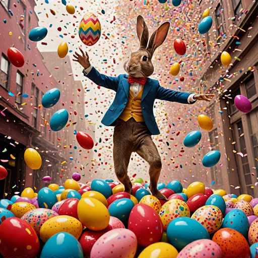 The image depicts an Easter bunny dressed in a suit and bowtie standing on top of a pile of colorful Easter eggs. The bunny is holding an egg in its left hand while the right hand is raised high above its head. The background shows a city street with buildings and scattered confetti, creating a festive atmosphere around the scene.
