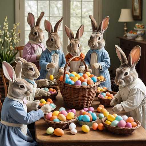 The image depicts six Easter bunnies dressed in blue and white outfits standing around a table filled with colorful Easter eggs. The bunnies appear to be engaged in an activity related to the Easter theme, possibly decorating or sorting the eggs.