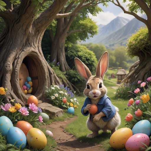 The image depicts an Easter bunny standing on a grassy path surrounded by colorful Easter eggs and flowers. The bunny is wearing a blue jacket and holding an egg in its paws. In the background, there is a tree with a hole at its base, possibly serving as a home for more Easter eggs or other decorations.