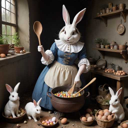 A white rabbit dressed as a chef is stirring a pot filled with colorful Easter eggs on the floor of an old-fashioned kitchen. The rabbit's hat and apron match its surroundings, creating a whimsical scene. In front of the rabbit are three other rabbits, one of which has a basket of eggs in its lap.