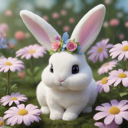 The image depicts a white rabbit with pink ears and a blue flower crown sitting on the ground surrounded by purple flowers. The rabbit is facing the camera directly, giving an impression of curiosity or attentiveness towards its surroundings.