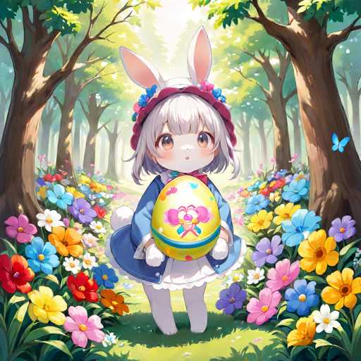 A white bunny with pink ears and a red hat is holding an Easter egg against the backdrop of a forest filled with colorful flowers.