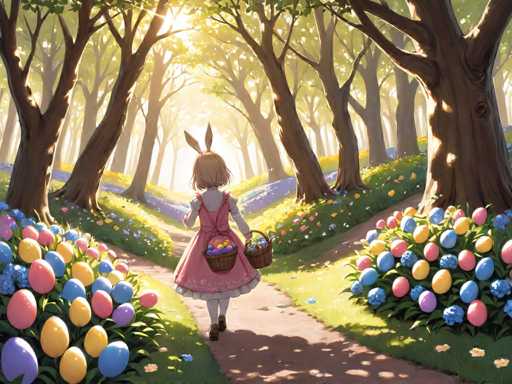 A girl dressed in a pink dress and bunny ears is walking down a path lined with trees and flowers, carrying a basket of Easter eggs on her head.