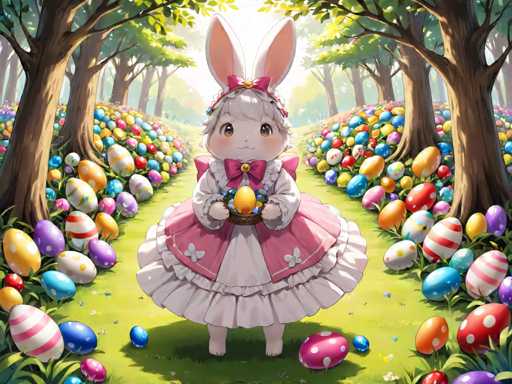 A cartoon rabbit dressed in a pink and white outfit is holding an egg in its left hand while standing on a grassy area surrounded by trees with colorful Easter eggs scattered around it.
