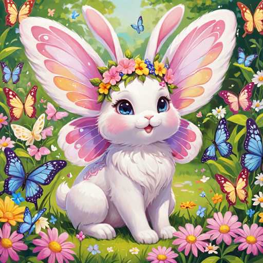 A white rabbit with pink ears and wings is sitting on a bed of flowers surrounded by butterflies and other colorful flowers.