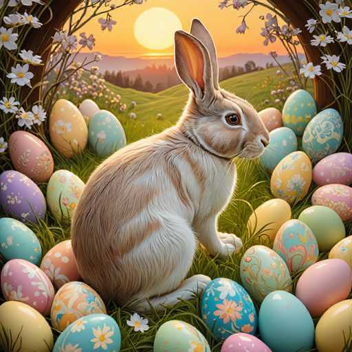 A brown and white rabbit is sitting on a bed of colorful Easter eggs in the center of the image. The rabbit's ears are perked up as it looks directly at the camera. In the background, there are trees and mountains visible against a clear blue sky with a bright sun setting behind them.