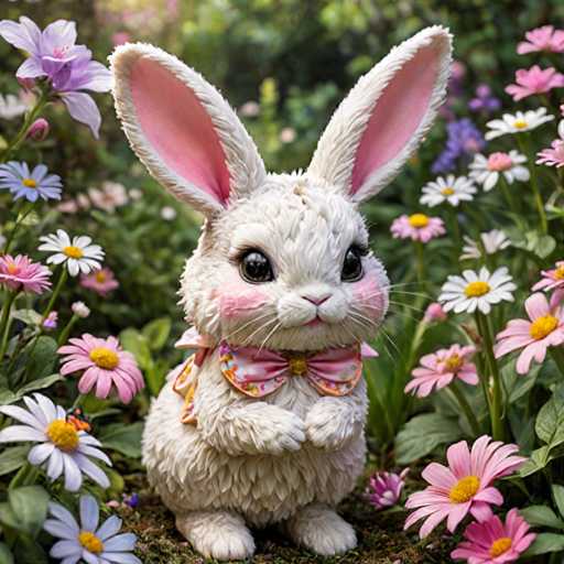 The image depicts a white rabbit figurine with pink ears and nose, wearing a pink bow around its neck and standing on all fours amidst a garden filled with purple flowers and green plants.