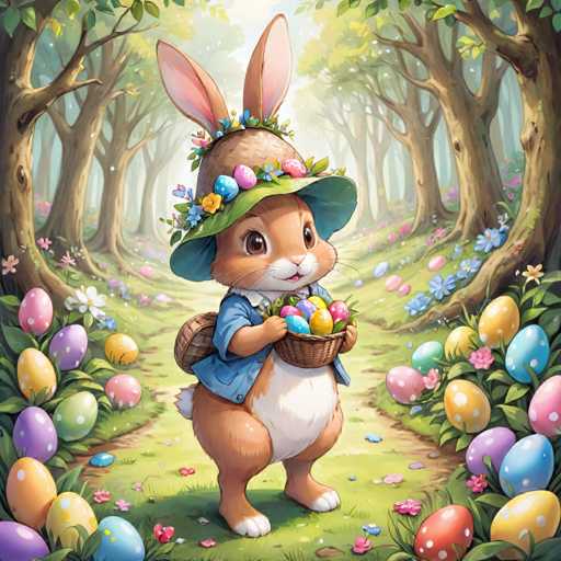 A cartoon rabbit wearing a blue shirt and a straw hat is holding an Easter basket filled with colorful eggs on a path surrounded by trees and flowers.