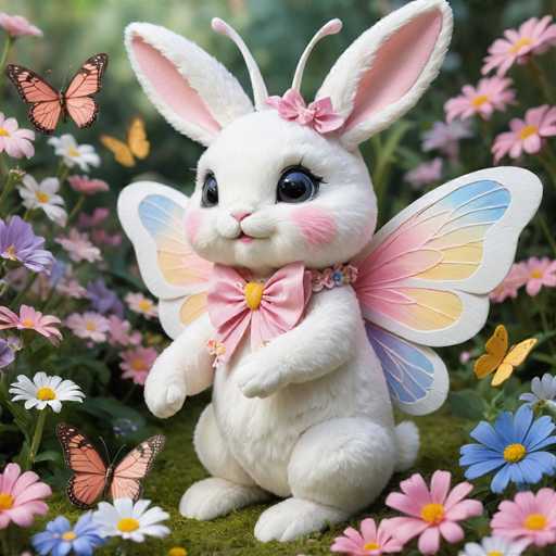 A white stuffed bunny with pink wings and a bow on its head is sitting on the ground surrounded by colorful flowers including purple ones, yellow daisies, and orange butterflies.