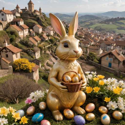 A golden bunny statue holding an Easter basket with colorful eggs on a grassy hillside overlooking a town and mountains.