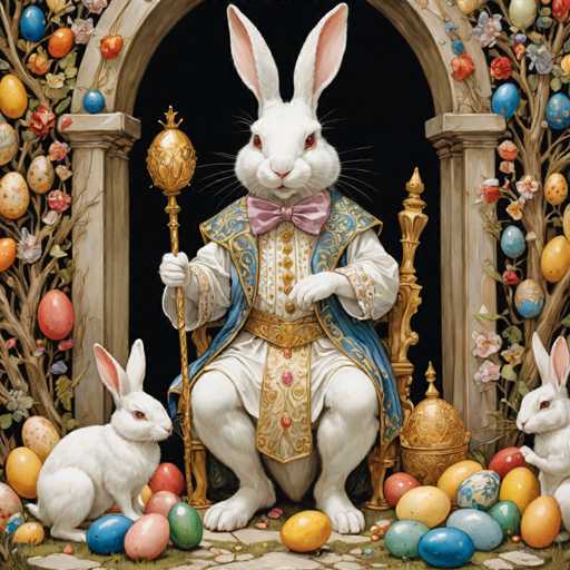 The image depicts an easter bunny sitting on a throne surrounded by colorful Easter eggs and flowers. The bunny is wearing a blue and gold robe with a purple bowtie and holding a golden crown in its paws. Two white rabbits are also present in the scene.