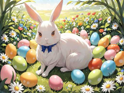 A white bunny with brown ears and a blue bow is sitting on the grass surrounded by colorful Easter eggs of various sizes and colors including pink, green, yellow, orange, purple, and blue.