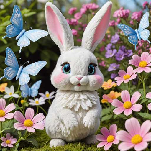 A white rabbit with pink ears and a pink nose is sitting on the ground surrounded by colorful flowers including pink and purple ones. The rabbit appears to be looking directly at the camera.