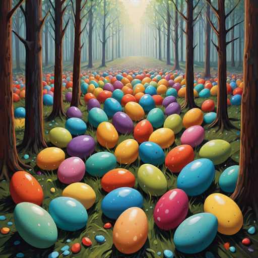 The image depicts a forest scene with numerous colorful Easter eggs scattered throughout the area. The trees and foliage create a sense of depth and dimension, while the vibrant colors of the eggs add a whimsical touch to the overall composition.