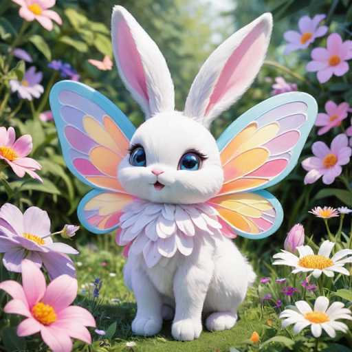 The image depicts a white bunny with blue eyes and wings adorned with pink and yellow flowers sitting on the grass surrounded by purple and orange flowers.