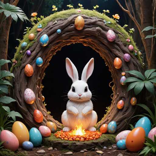 The image depicts an Easter bunny sitting on a rock surrounded by colorful Easter eggs and flowers. The rabbit is positioned centrally within the frame, with its front paws resting on the ground. The background features trees and bushes, creating a natural setting for the scene.