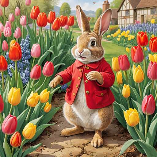 The image depicts a rabbit wearing a red coat and hat standing on a dirt path surrounded by vibrant tulips of various colors including pink, yellow, orange, and white. The rabbit is facing the viewer with its head tilted to one side, giving an impression of curiosity or contemplation.