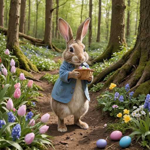 A cartoon rabbit wearing a blue jacket and holding an Easter basket is standing on a dirt path surrounded by colorful flowers and trees.