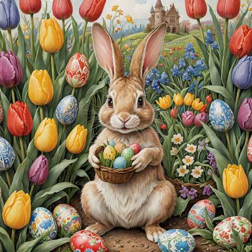The image depicts an Easter bunny sitting on a bed of colorful flowers and holding a basket filled with eggs. The bunny is wearing a brown hat and has a pair of ears. In the background, there is a castle-like structure surrounded by trees and bushes.