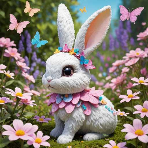 A white bunny with pink ears and a flower crown is sitting on the ground surrounded by pink flowers. The bunny has a blue butterfly perched on its head.