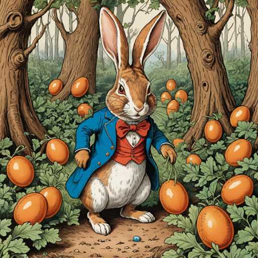 The image depicts a cartoon rabbit wearing a blue coat and bow tie standing on a dirt path surrounded by orange flowers. The rabbit is holding an orange flower in its left hand while the right hand is raised to its face as if it's looking at something or someone.