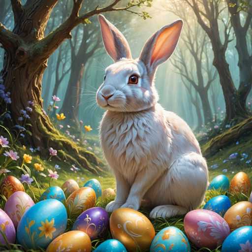 A white rabbit with pink ears is sitting on a bed of colorful Easter eggs and flowers in the center of an image depicting a forest scene.