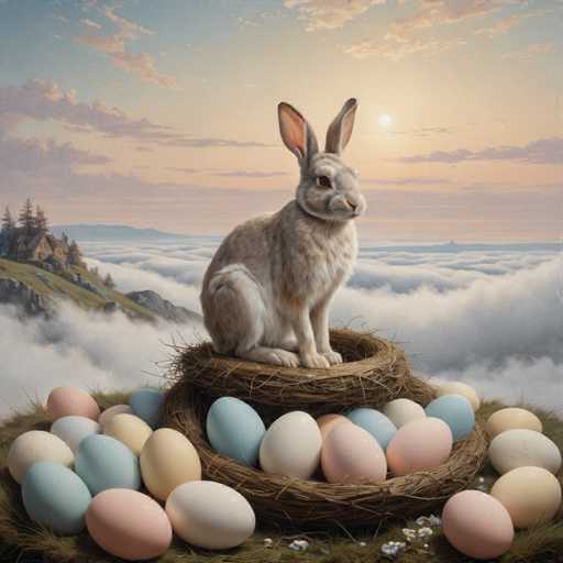 The image depicts an easter egg hunt with a bunny sitting on top of a nest made from straw and filled with colorful Easter eggs. The background shows a sky with clouds and mountains, creating a serene and picturesque setting for the Easter celebration.