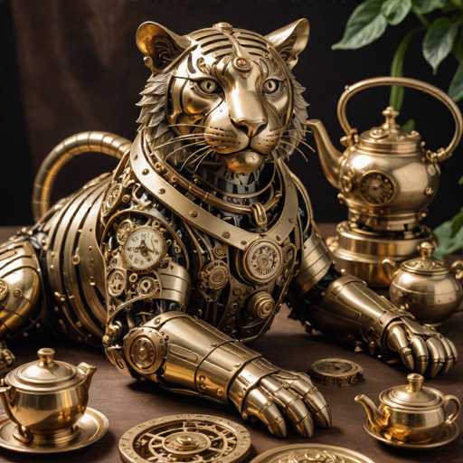 The image shows an intricate metal sculpture of a tiger lying on its back with its legs spread out and its head turned to the side. The tiger is adorned with gold armor that includes a helmet and a mask, giving it a regal appearance. Surrounding the tiger are various objects such as teapots and cups, suggesting a setting or event related to tea time.
