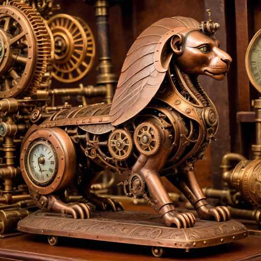The image shows an intricate bronze statue of a lion with wings and a crown on its head, standing on four legs and positioned on a wooden base. The statue is surrounded by various gears and pipes, suggesting it may be part of a larger mechanical or industrial display.