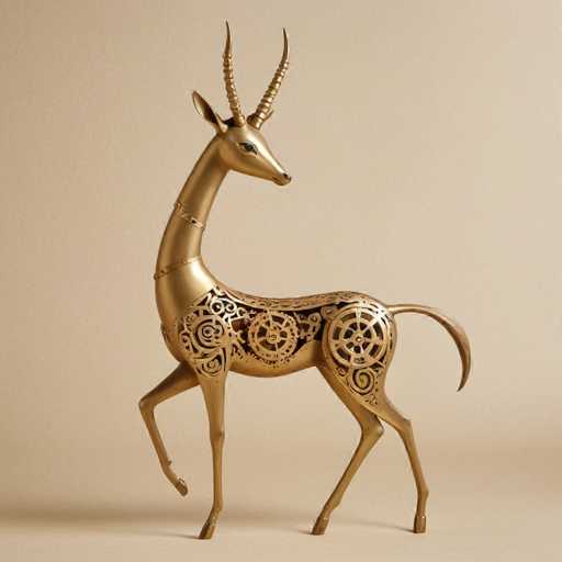 The image shows a gold metal deer statue with intricate designs and patterns on its body. The deer is standing on all fours against a beige background, giving it a lifelike appearance.