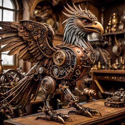 The image shows an intricately crafted mechanical bird statue made entirely out of gears and metal parts. The bird is perched on a wooden table, facing the viewer directly with its wings spread wide in a display of power and majesty. The background features various other objects, including clocks and other machinery, suggesting that this piece might be part of a larger collection or exhibit at a museum or art gallery.
The style of the statue appears to be inspired by the mechanical art genre, which often combines elements of sculpture with industrial design.