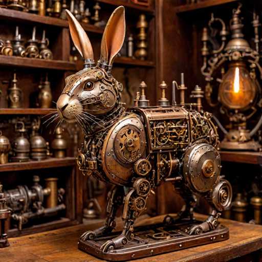 The image shows an intricate metal rabbit sculpture crafted from gears and other mechanical parts. The rabbit is standing on a wooden base with its front legs extended forward and hind legs bent at the knees. The sculpture is displayed in what appears to be a museum or art gallery setting, surrounded by various other sculptures and artifacts.