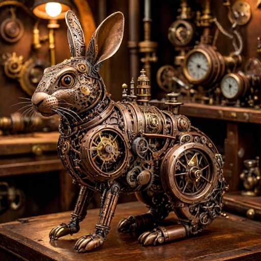 The image shows an intricate metal rabbit sculpture crafted from gears and other mechanical parts. The rabbit is positioned on a wooden surface with its front legs extended forward and its hind legs bent at the knees. The sculpture is surrounded by various clocks and other mechanical objects, suggesting it may be part of a larger collection or exhibit.