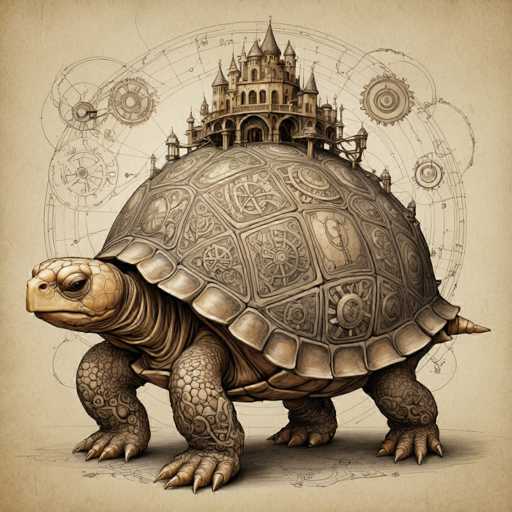 The image depicts a large turtle with a castle perched atop its back. The turtle is facing the viewer and appears to be walking towards the right side of the frame. The background features a circular pattern that includes a castle-like structure at the center.