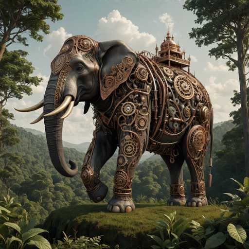 The image depicts an elephant sculpture crafted from gears and mechanisms, standing on a rock surrounded by lush green trees and vegetation. The elephant is adorned with intricate gold and silver gears that give it a mechanical appearance.