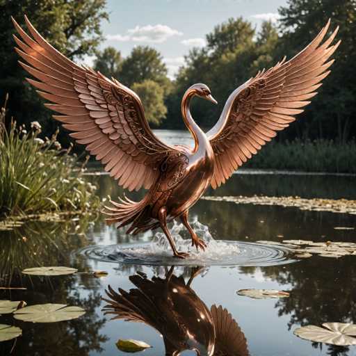 A bronze swan statue with wings spread wide and a white neck standing on one leg in the center of a pond surrounded by lily pads.