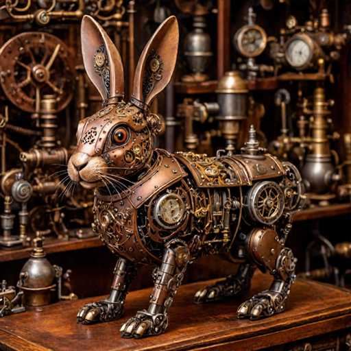 The image shows an intricately crafted metal rabbit statue sitting on a wooden table. The rabbit is adorned with various gears and mechanisms that give it a mechanical appearance. The background of the image reveals a room filled with other mechanical objects, suggesting this could be a workshop or a museum dedicated to showcasing such artworks.