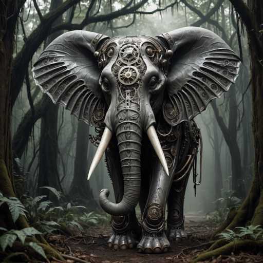 The image depicts an elephant standing on a dirt path surrounded by trees and foliage. The elephant is adorned with intricate metal gears and chains, giving it a mechanical appearance. The background features dense vegetation, creating a sense of depth in the scene.