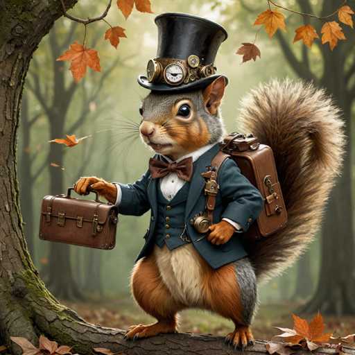 A squirrel dressed as a gentleman is standing on a tree branch with a brown suitcase and a black top hat on its head. The squirrel has a bowtie around its neck and is wearing a suit.