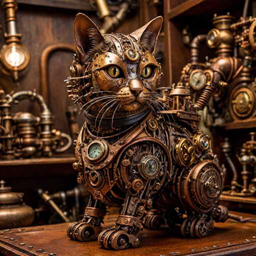 The image shows a meticulously crafted metal cat statue sitting on a wooden surface. The cat is adorned with intricate gears and mechanisms that give it an industrial appearance. The background reveals a workshop filled with various machines and tools, suggesting the creation of this unique piece of art.