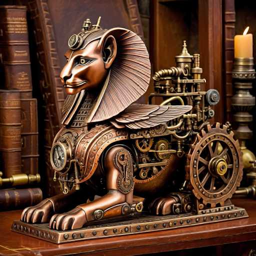 The image shows an intricately crafted metal sculpture of a lion with wings and a clock on its head. The lion is positioned on a wooden base, surrounded by various books and other objects that contribute to the overall antique aesthetic of the scene.