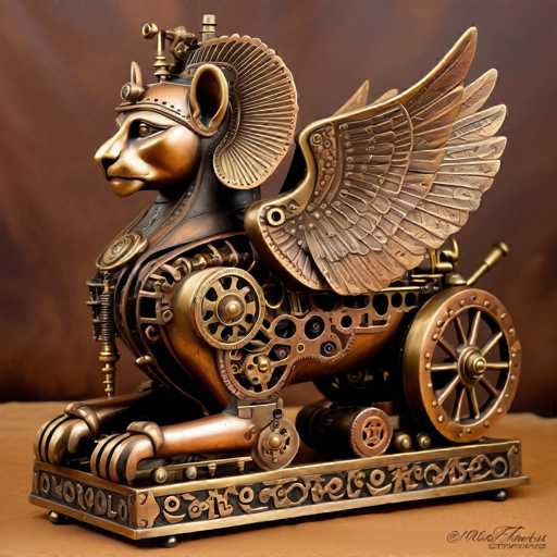 The image shows a bronze statue of a lion with wings and a crown on its head. The lion is depicted sitting on a platform with intricate designs around it. The statue is placed against a brown background, which contrasts with the bronze color of the lion's body.