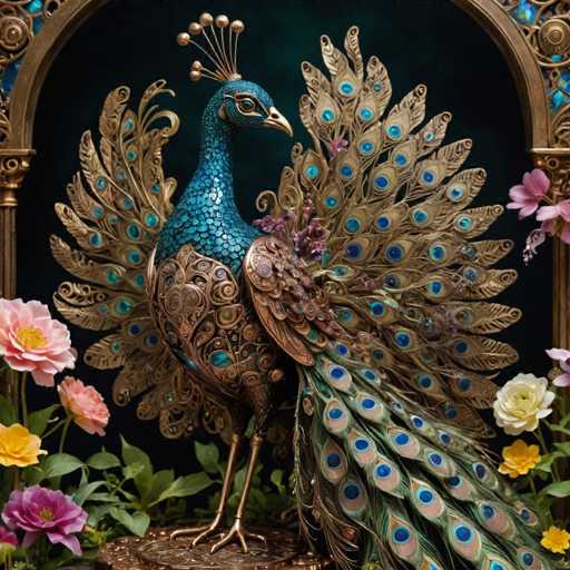 The image depicts a peacock statue with blue and gold feathers, standing on a pedestal adorned with flowers and leaves. The peacock is facing the left side of the frame, showcasing its vibrant plumage. The background features a dark green color, providing a stark contrast to the peacock's colorful display.