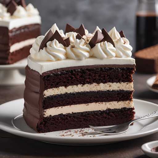 A slice of chocolate cake with white frosting and chocolate shavings on top sits on a white plate next to a fork. The cake is placed on a dark wooden table against a gray wall backdrop.