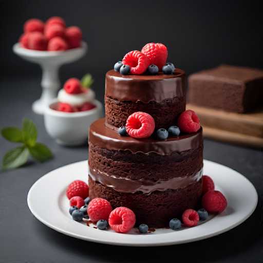 A two-tiered chocolate cake with a layer of dark chocolate frosting and fresh raspberries on top sits on a white plate against a black background. The cake is surrounded by an array of red berries, including strawberries and blueberries, which are scattered around the base of the cake. In the blurred background, there's a bowl filled with more raspberries and another bowl containing whipped cream.