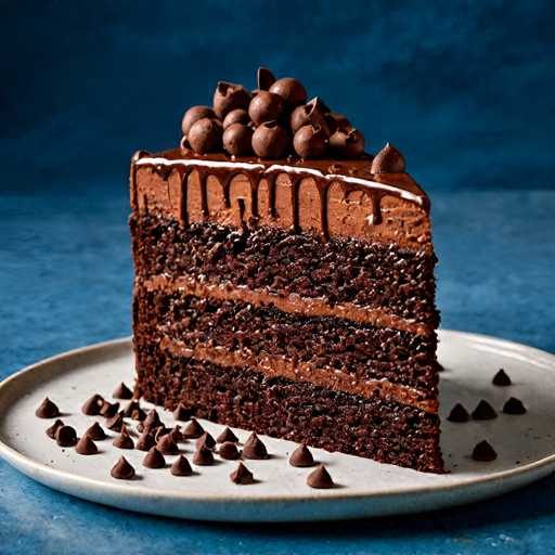 A slice of chocolate cake with a layer of chocolate ganache on top sits on a white plate against a blue background. The cake is topped with chocolate balls and chocolate shavings.