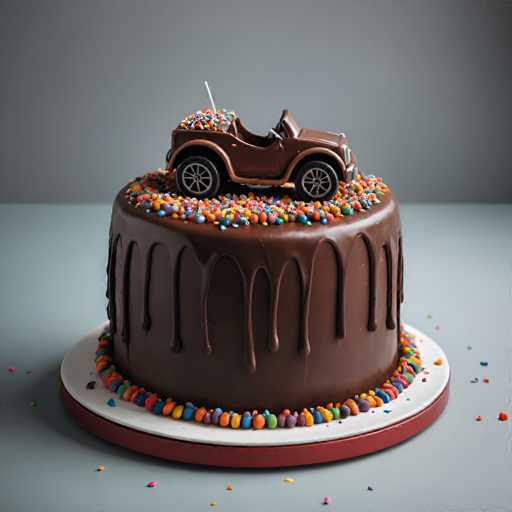 A chocolate cake with a toy car on top sits on a white plate against a gray background. The cake is covered in colorful sprinkles and has a drizzle of chocolate sauce running down the sides.