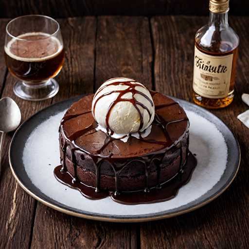 A chocolate cake with white frosting and a scoop of vanilla ice cream on top sits on a black plate next to a glass filled with beer.
